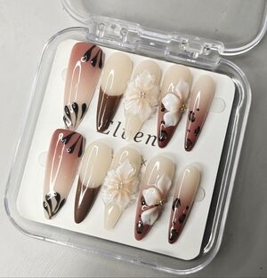 Elegant Nude and Black Handmade Press On Nails Set Stiletto Shape